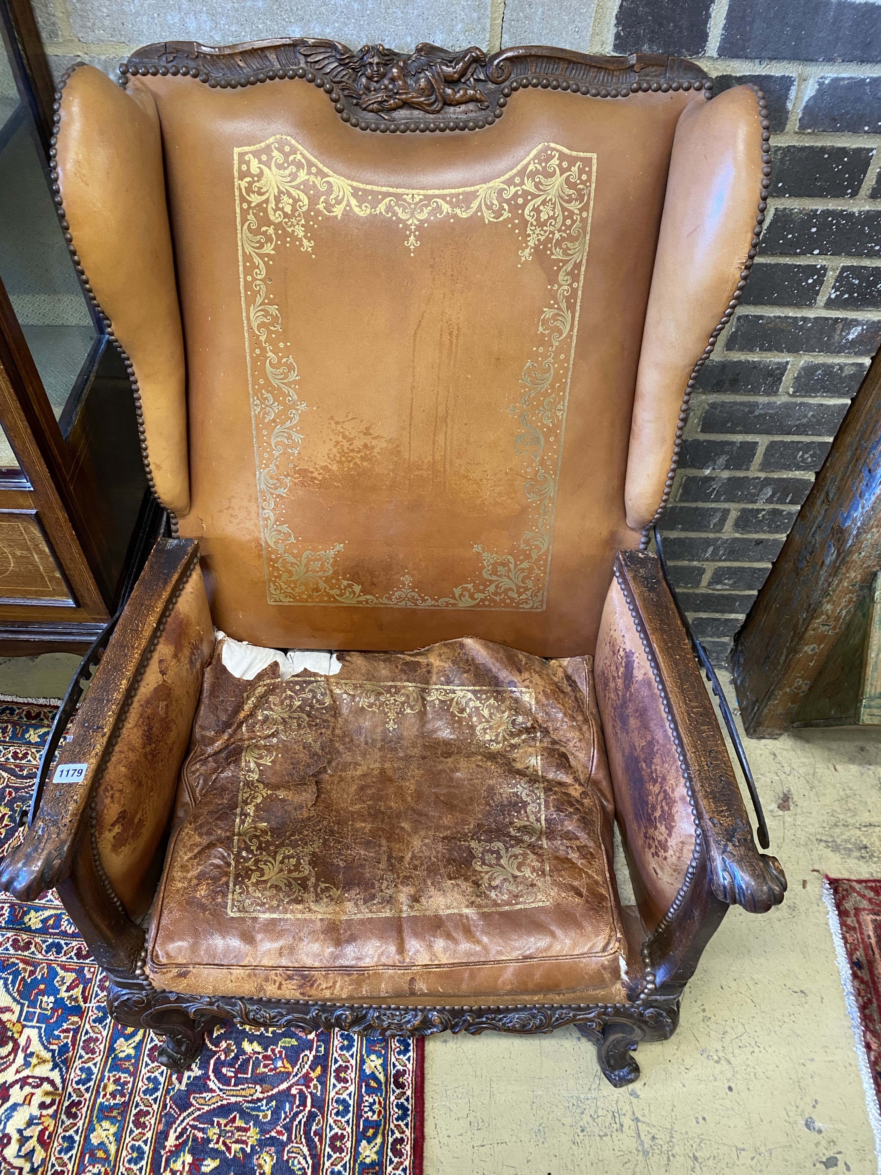 A 19th century French carved beech reclining armchair with original gilt leather upholstery, width - Image 2 of 3