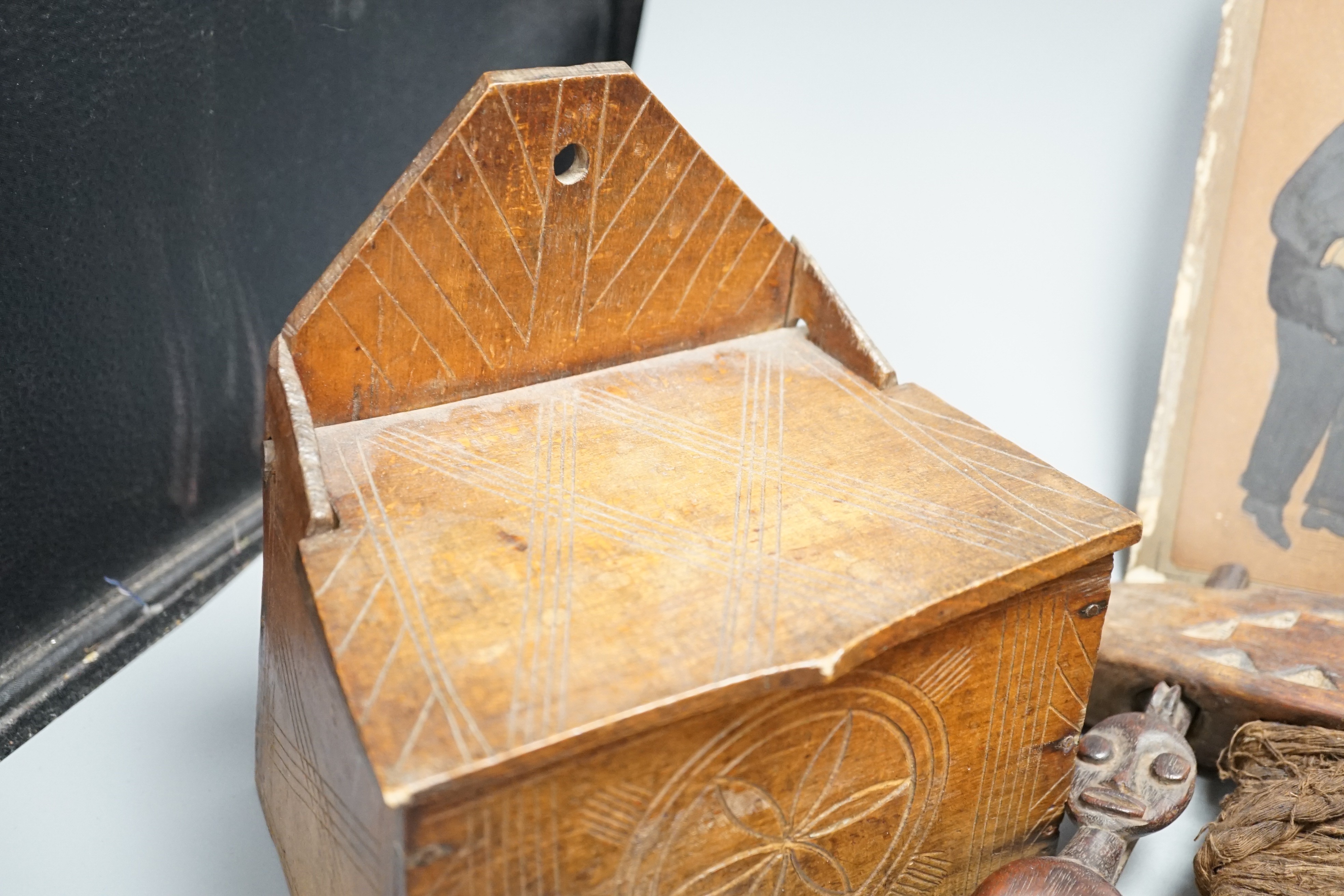 African carved wood instrument, chip carved beech box, a GWR brass wall lamp and a pair of oil - Image 3 of 10