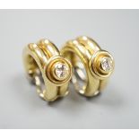 A pair of 20th century Italian 750 yellow metal and diamond set hoop ear clips, 22mm,gross weight
