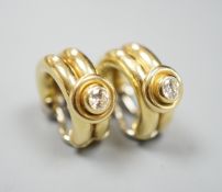 A pair of 20th century Italian 750 yellow metal and diamond set hoop ear clips, 22mm,gross weight