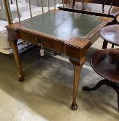 A reproduction George II style square mahogany card table with inset leather top, width 85cm, height