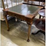 A reproduction George II style square mahogany card table with inset leather top, width 85cm, height