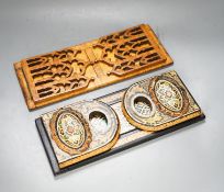 A Victorian Pugin style Gothic revival bird’s eye maple bookslide together with a japanned papier-