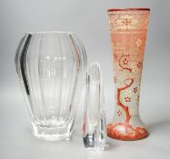 A tall Bohemian enamelled glass vase, 35cm, manner of Moser, a Moser heavy facet cut glass vase,