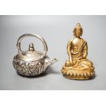 A Chinese gilt bronze buddha and a miniature plated teapot 11cm