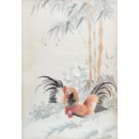 A Chinese framed silk work panel of chickens, 50x35cm