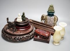 A pair of hard stone vases, 2 hard stone figural carvings, a porcelain elephant, and a quantity of