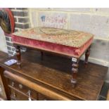 A Victorian rectangular mahogany dressing stool with tapestry seat, width 62cm, depth 44cm, height