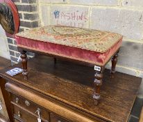 A Victorian rectangular mahogany dressing stool with tapestry seat, width 62cm, depth 44cm, height