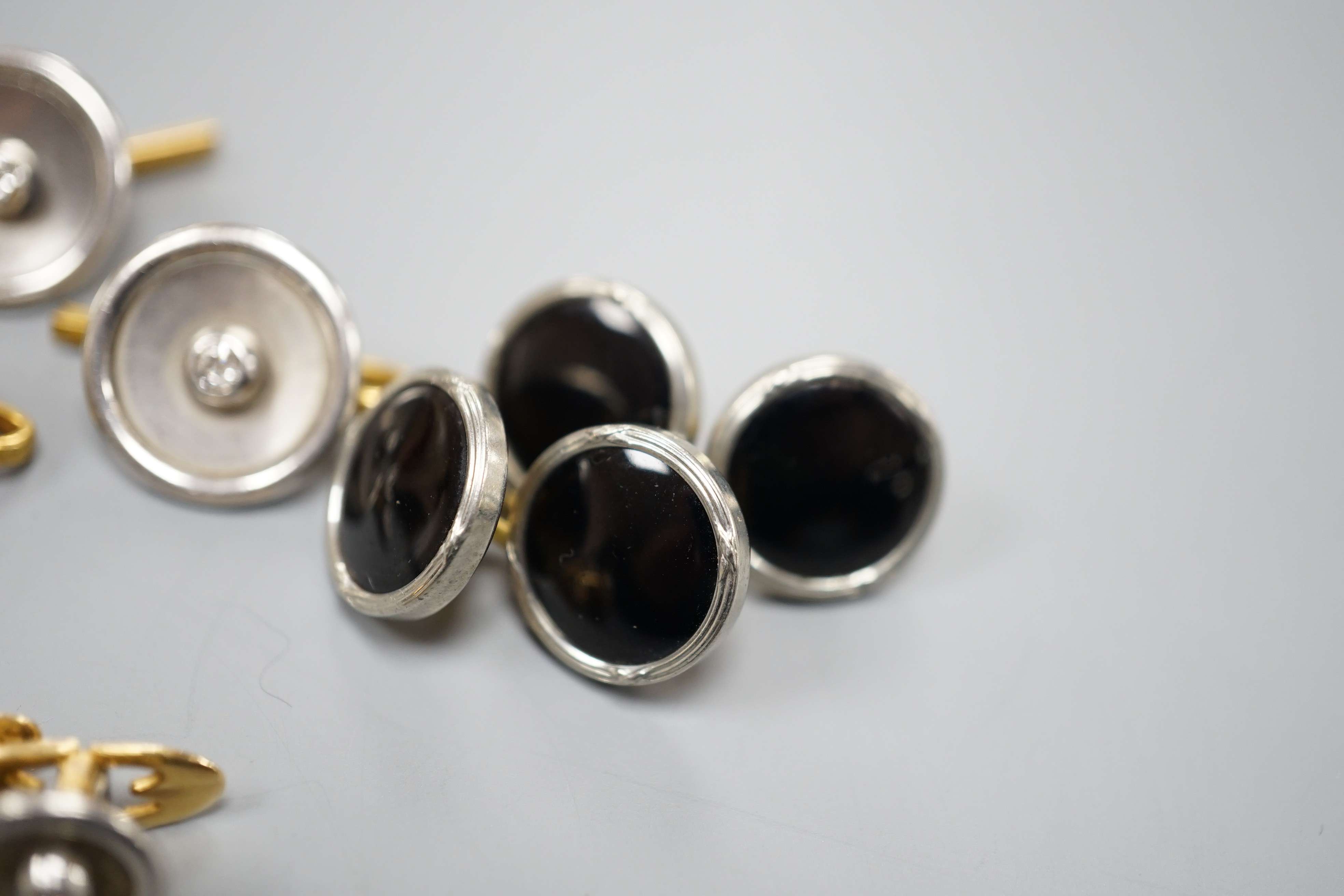 A pair of small pair of yellow and white metal diamond set cufflinks and four similar dress studs - Image 4 of 6