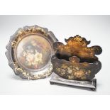 A Victorian papier mache stationary rack and a dish. 24cm
