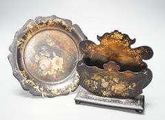 A Victorian papier mache stationary rack and a dish. 24cm