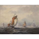Max Parsons (1915-1998), oil on board, Fishing vessels off the coast, signed, 30 x 40cm, unframed