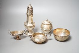 A George V silver sugar caster, 18cm, a silver globular pot with hinged cover, 9oz, a silver