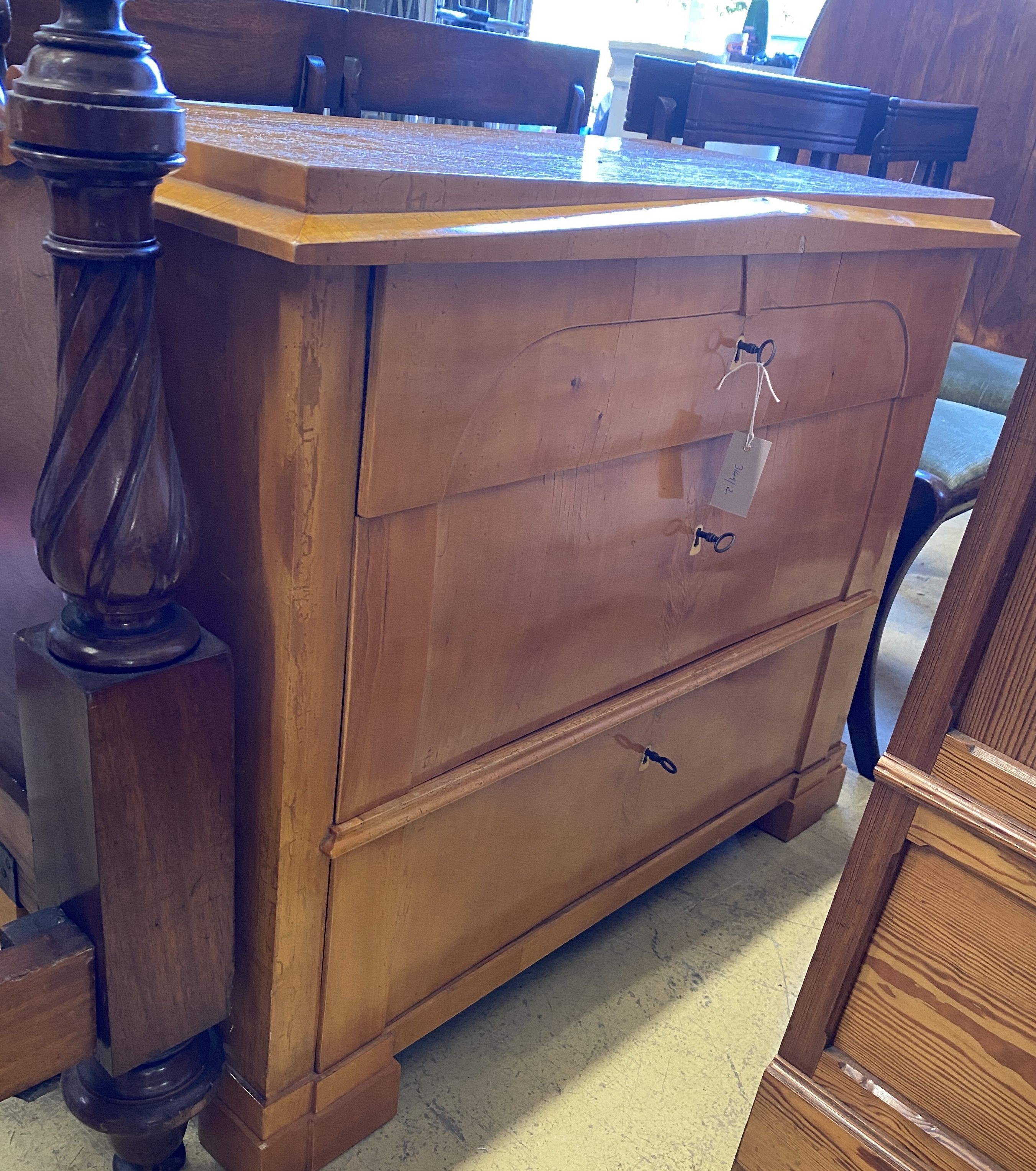 A Biedermeier style three drawer chest, width 99cm, depth 51cm, height 78cm