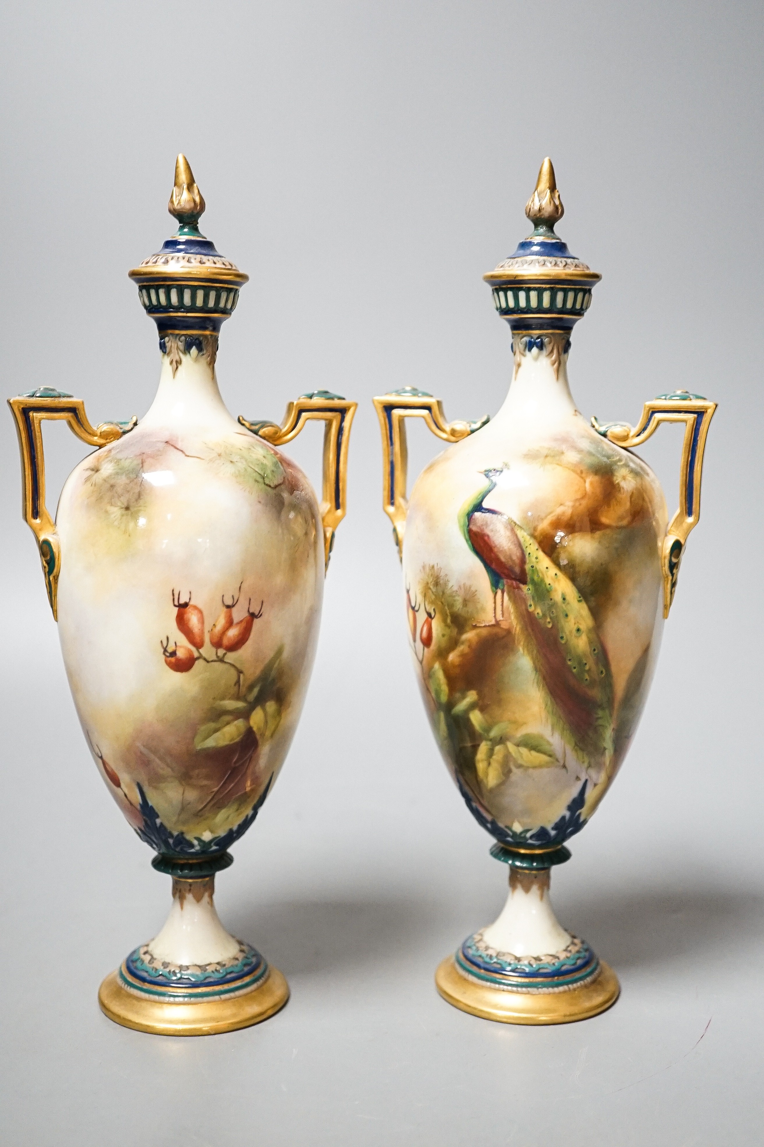 A pair of Royal Worcester Hadley ware Peacock vases and covers 24cm - Image 3 of 7