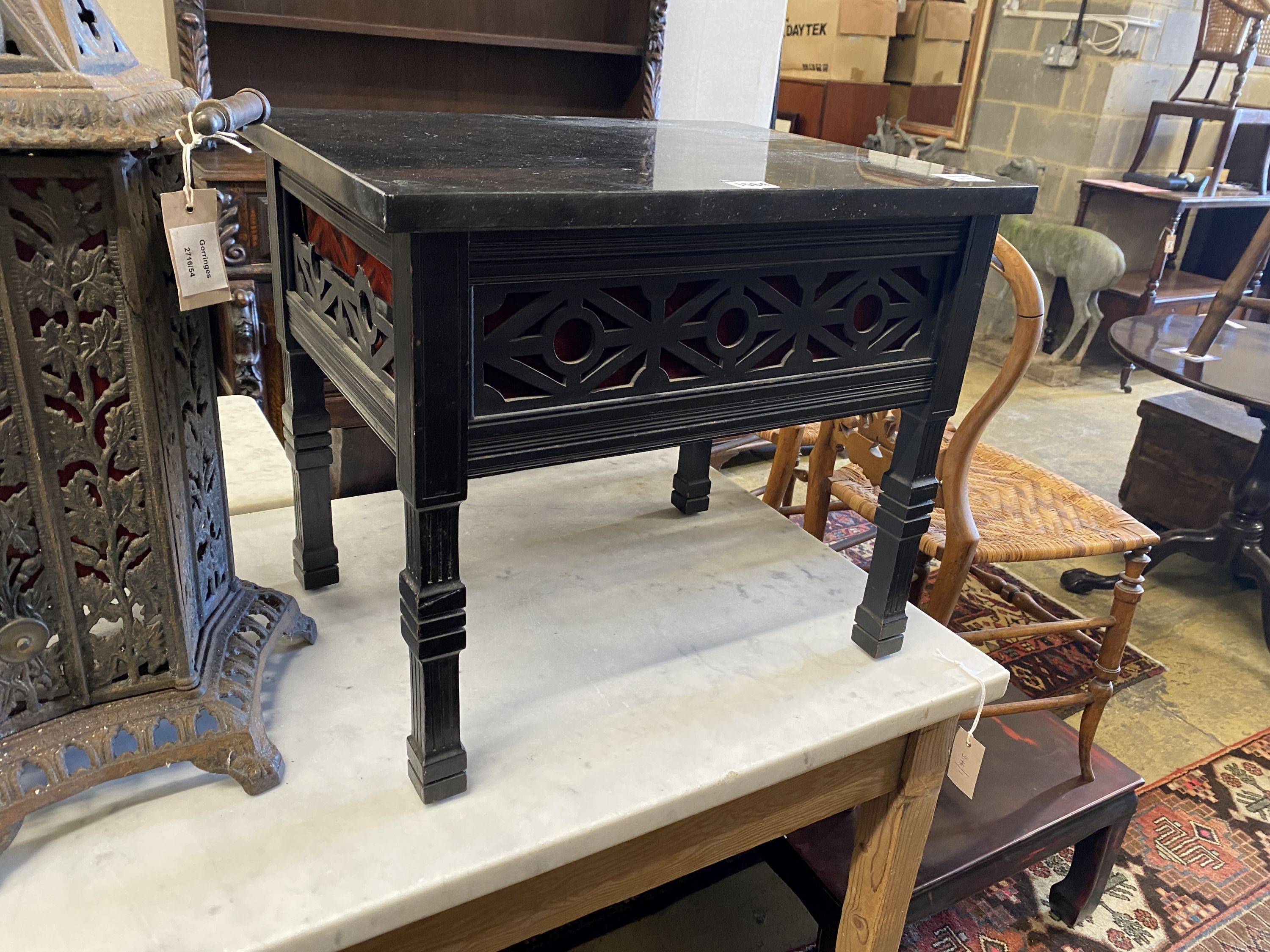 A late Victorian fret cut ebonised marble-topped occasional table, adapted, width 52cm, depth - Image 2 of 3