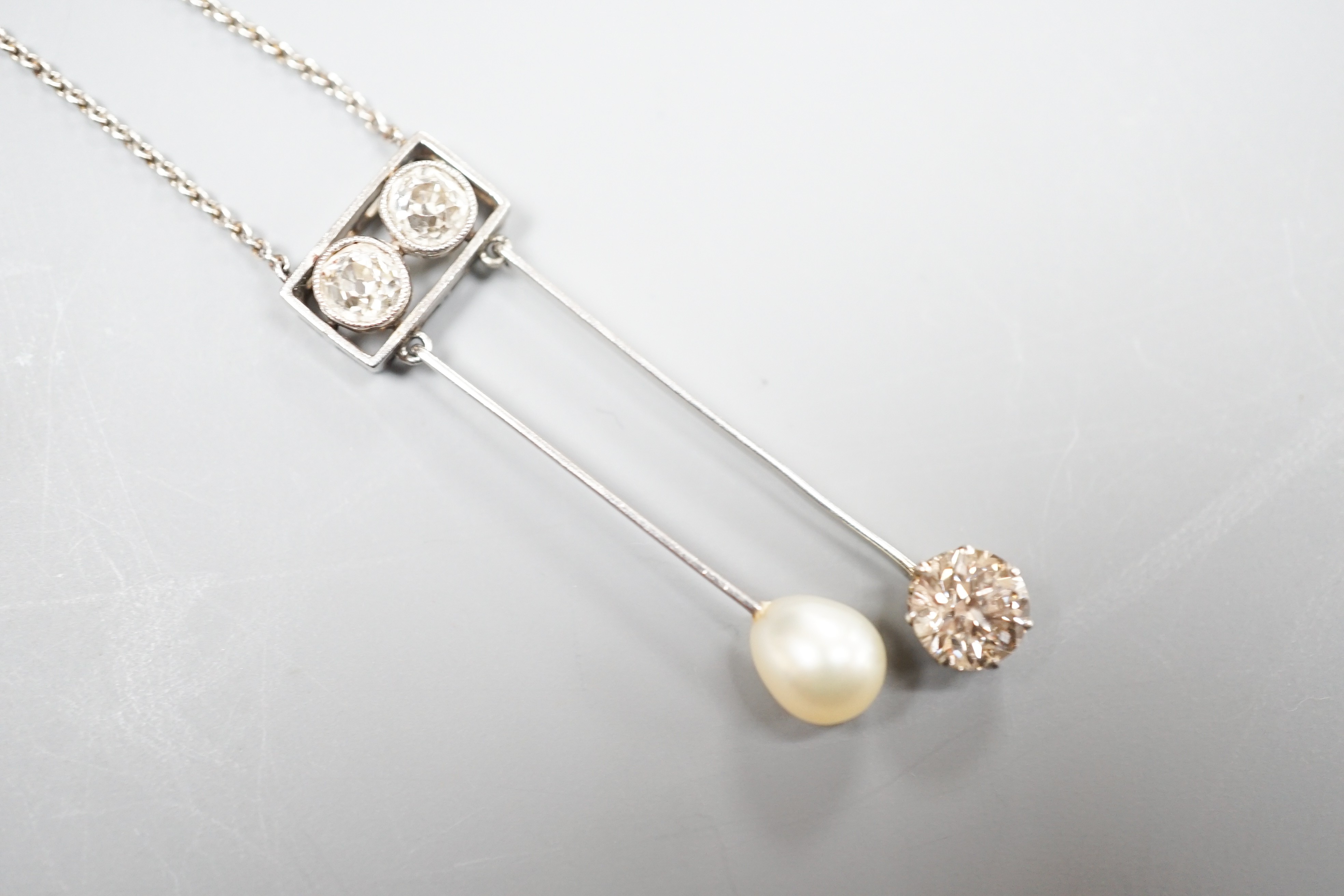 A 1940's white metal (probably platinum), three stone diamond and single stone teardrop shaped pearl - Image 2 of 5