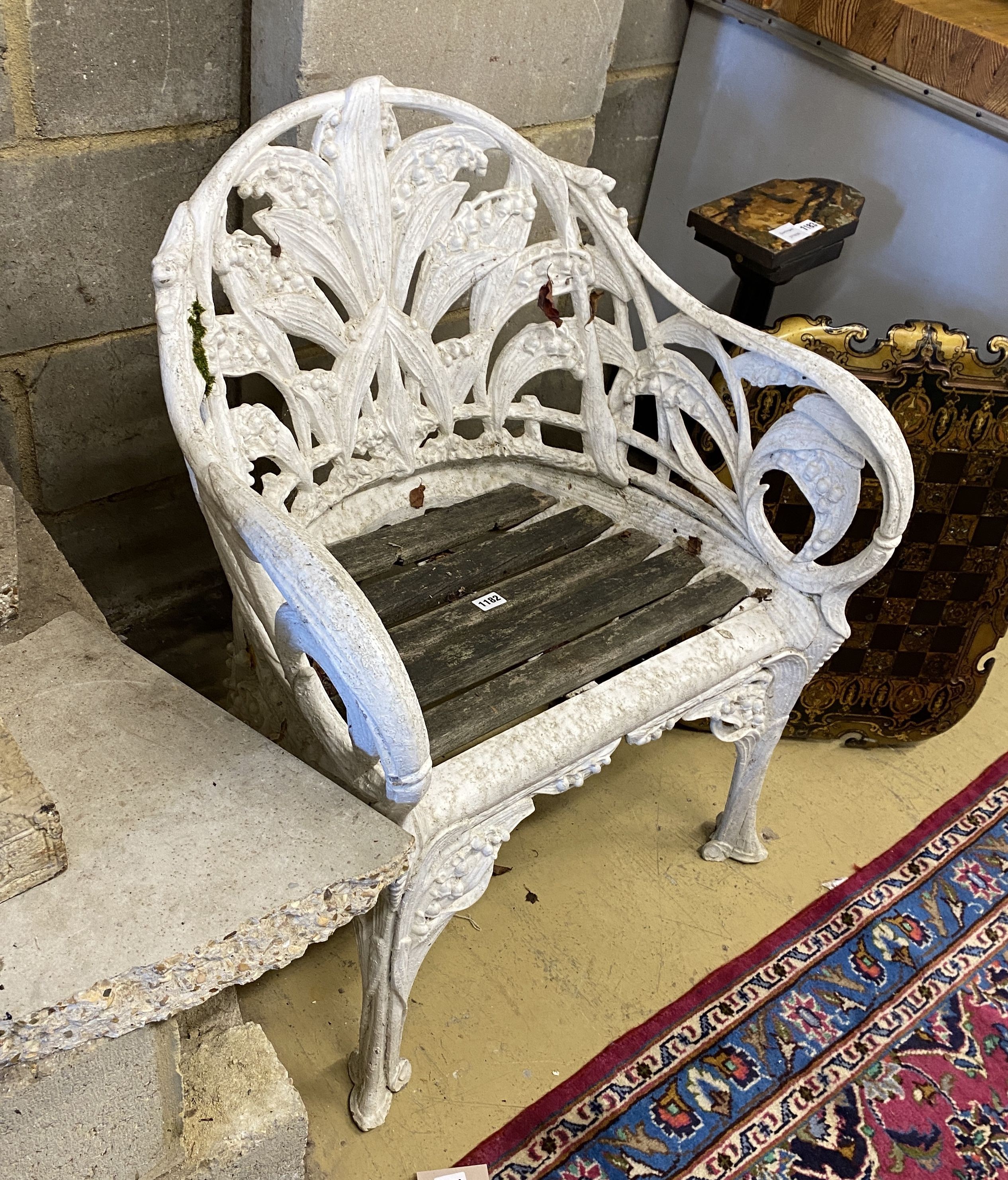 A Coalbrookdale style cast aluminium garden chair with slatted wood seat, width 65cm, depth 52cm, - Image 2 of 2