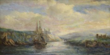 Late 19th century English School, oil on canvas, Estuary scene with ship and castles, 18 x 34cm