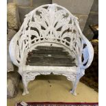 A Coalbrookdale style cast aluminium garden chair with slatted wood seat, width 65cm, depth 52cm,