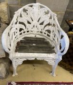 A Coalbrookdale style cast aluminium garden chair with slatted wood seat, width 65cm, depth 52cm,