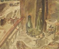 § Attributed to Duncan Grant (1885-1978), watercolour, Table top still life, signed and dated '40,
