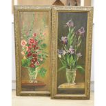 English School c.1900, pair of oils on canvas, Still lifes of irises and hollyhocks in vases, 94 x