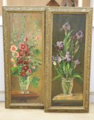 English School c.1900, pair of oils on canvas, Still lifes of irises and hollyhocks in vases, 94 x