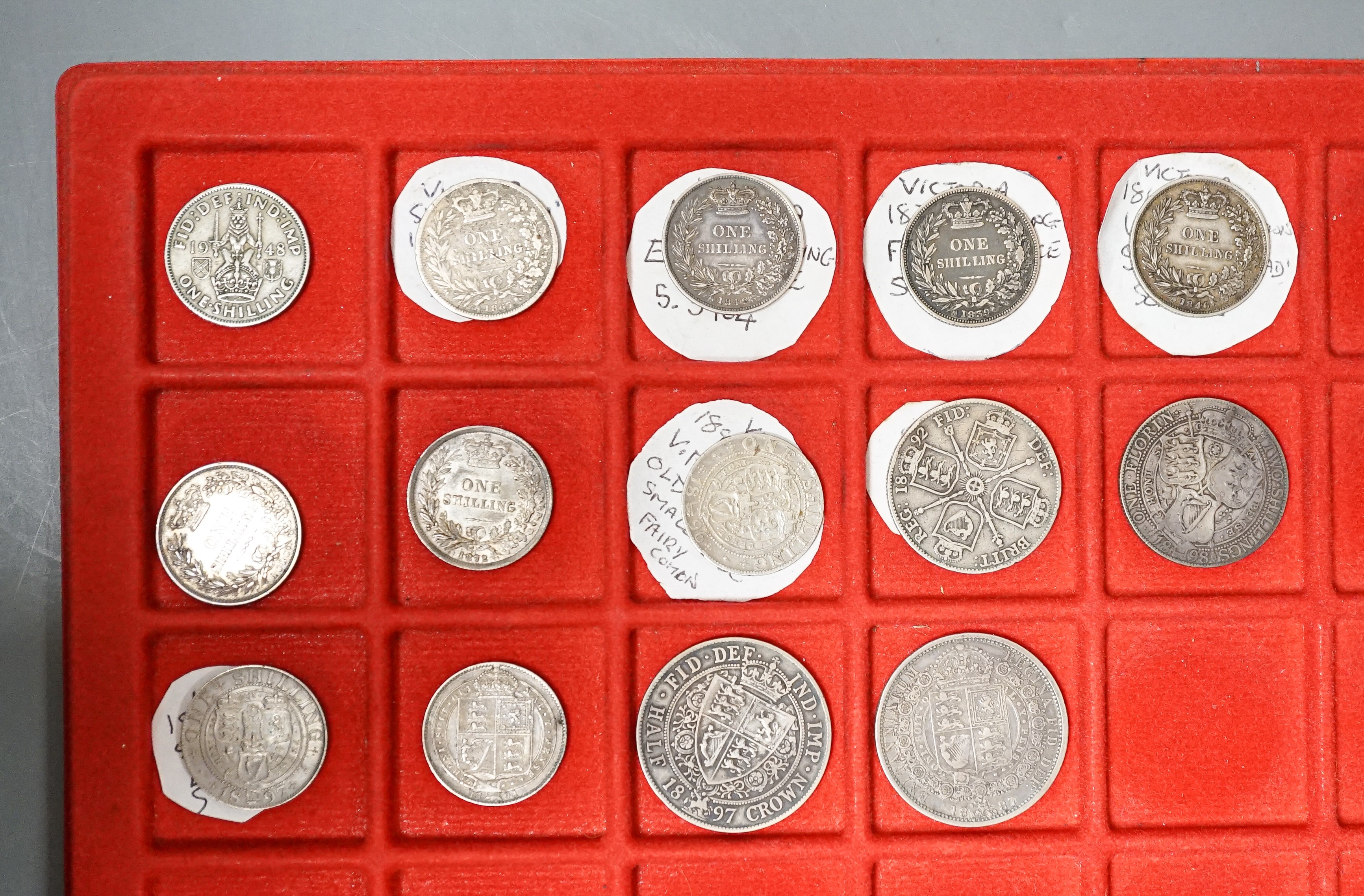 UK coins, Victoria silver coins, halfcrowns 1887, 1897, florins 1892, 1898, shillings 1839, 1846,