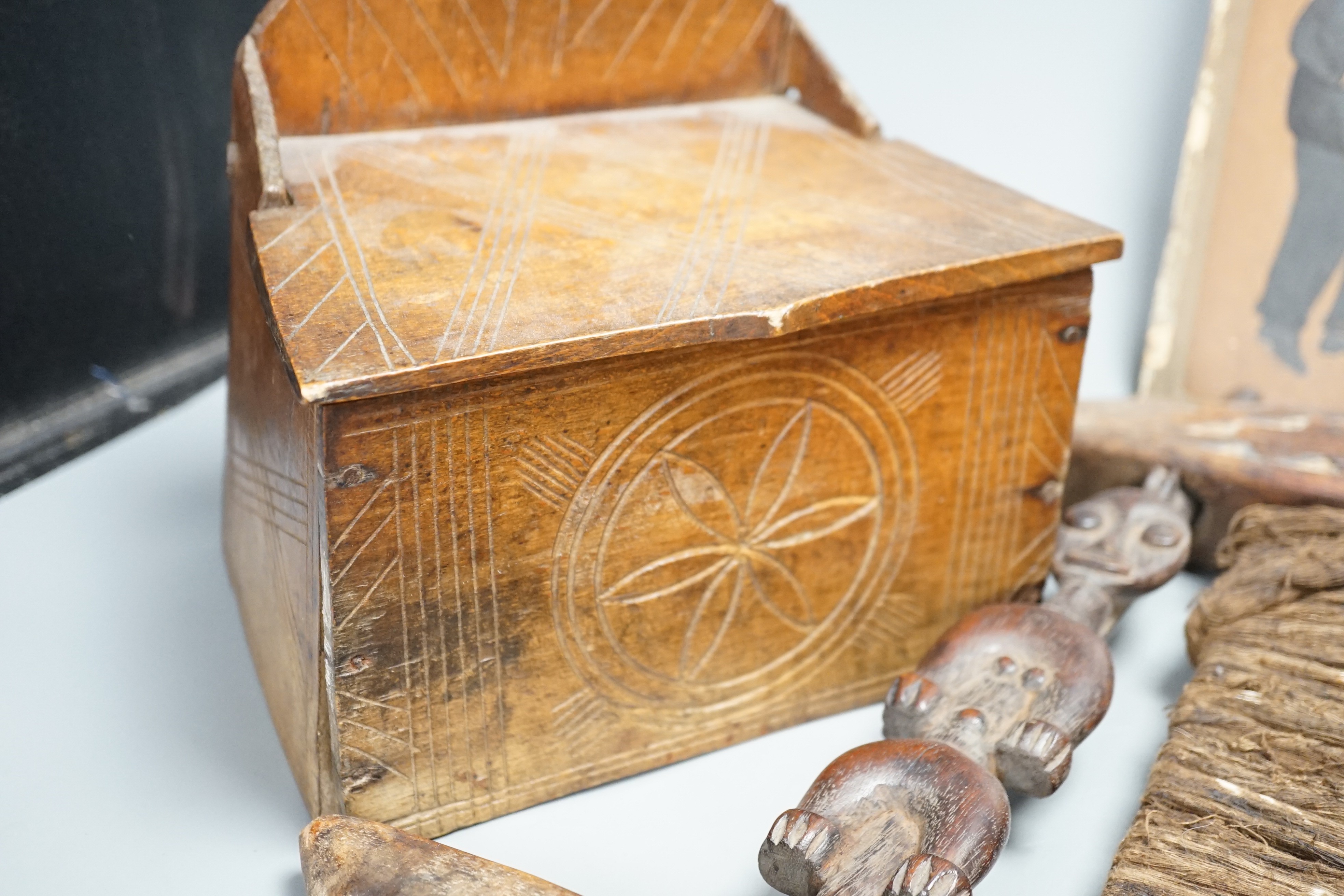 African carved wood instrument, chip carved beech box, a GWR brass wall lamp and a pair of oil - Image 2 of 10