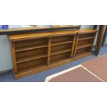 A Victorian two sectional (converted) bird's eye maple open bookcase, length 268cm, depth 27cm,