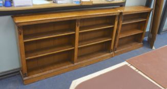 A Victorian two sectional (converted) bird's eye maple open bookcase, length 268cm, depth 27cm,
