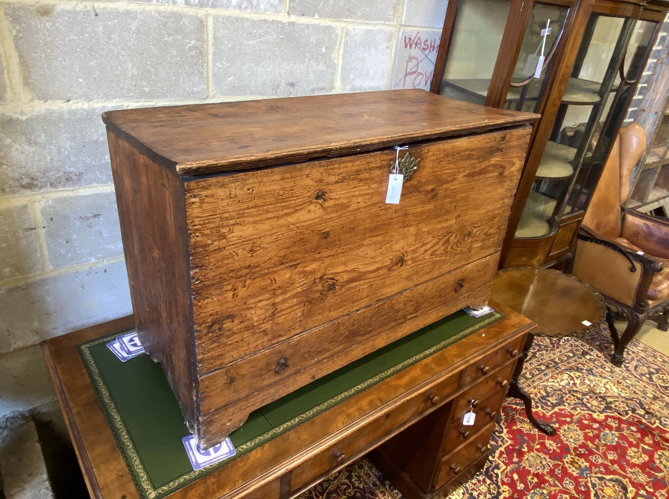 An 18th century pine mule chest, width 107cm, depth 46cm, height 67cm