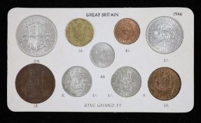 George VI nine coin specimen set for 1946, first issue, including the rare 1946 brass threepence (