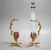 Attributed to W.A.S. Benson, a pair of brass and copper cradle lamps, one with original vaseline