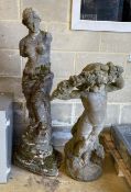 Two weathered reconstituted stone garden ornaments, larger height 122cm