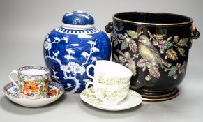 A 19th century enamel pottery jardiniere, Chinese jar and cover, a Copelands hand painted tea set, 2