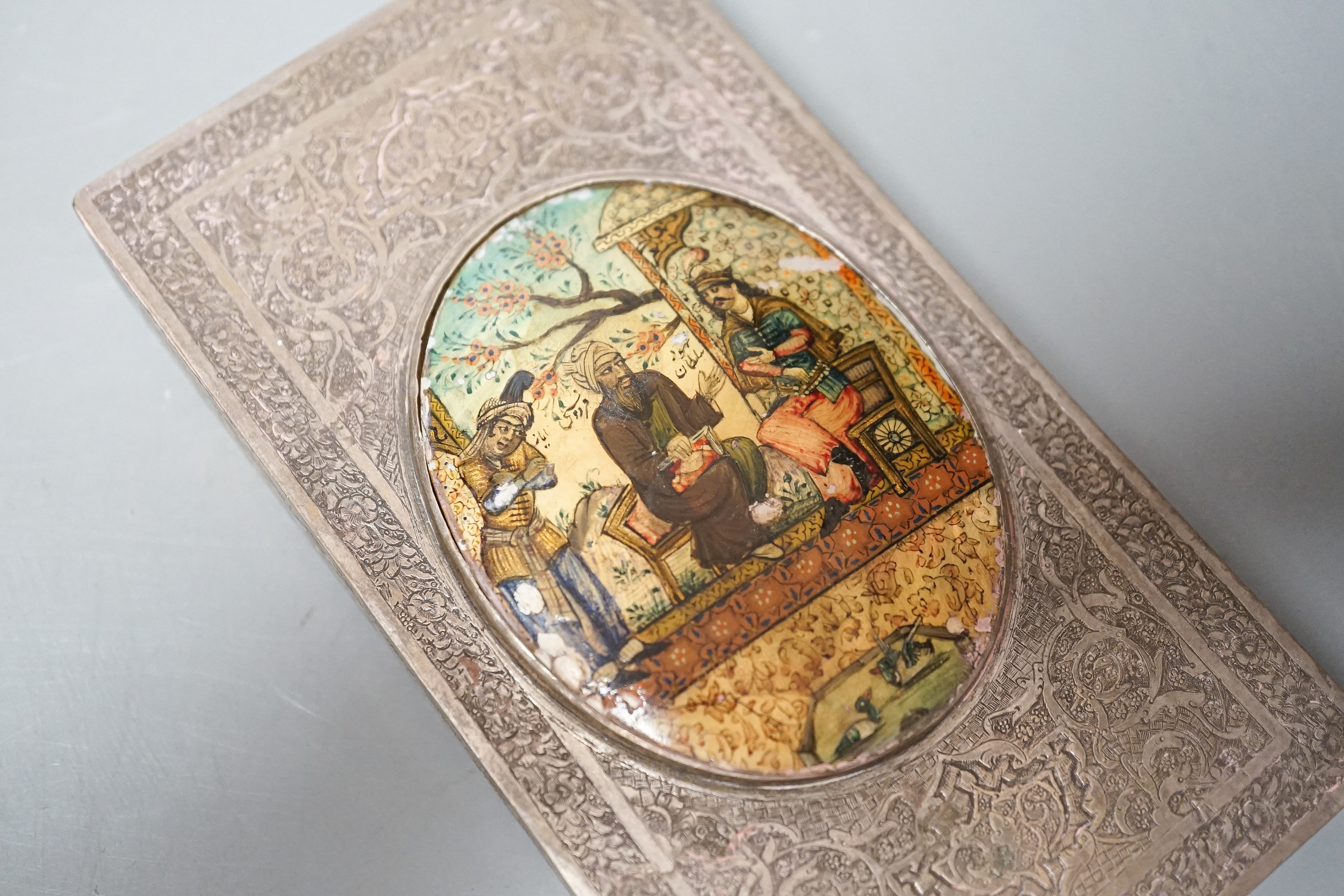 A Persian white metal box with inset miniature lid, 13.8cm. - Image 2 of 4