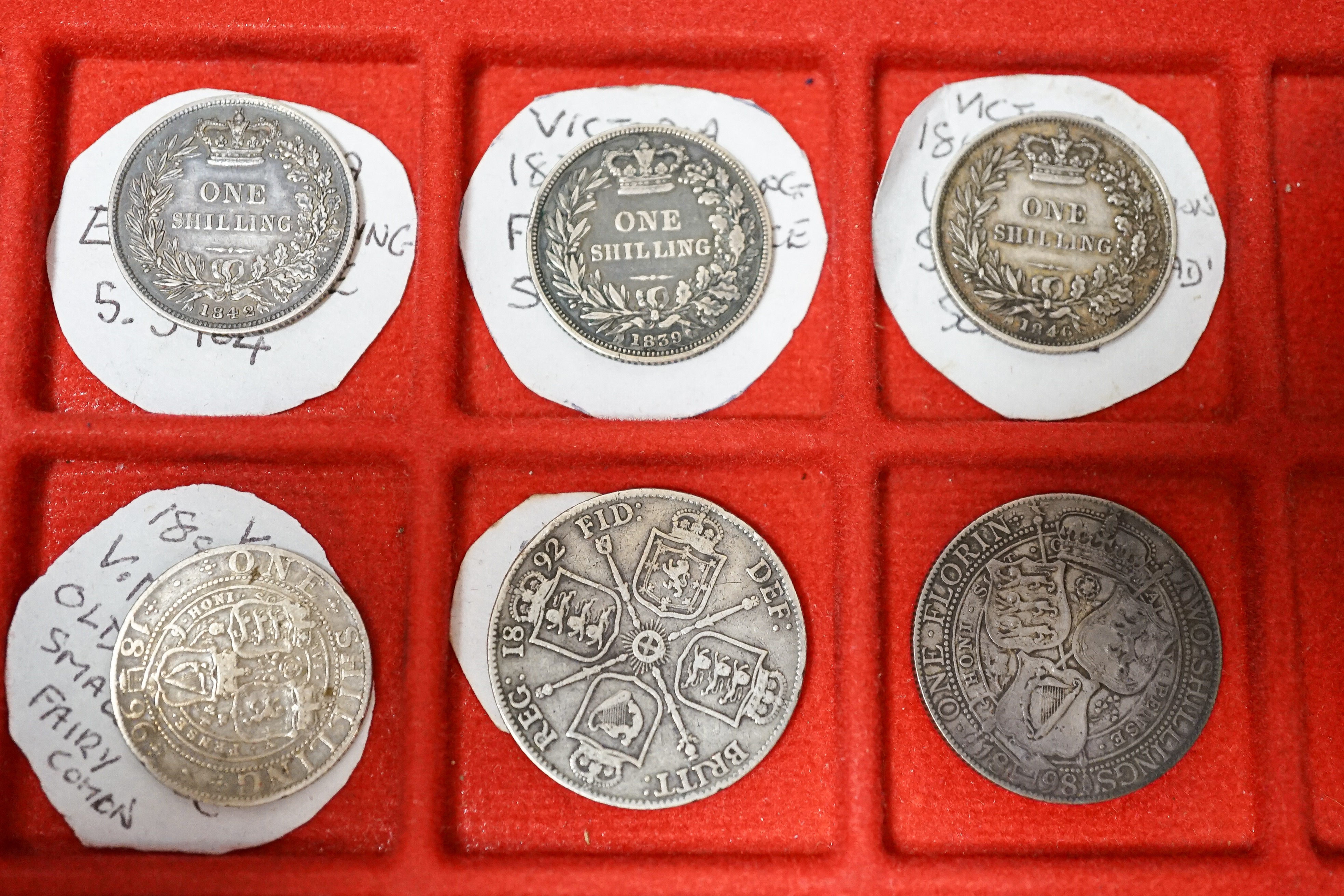 UK coins, Victoria silver coins, halfcrowns 1887, 1897, florins 1892, 1898, shillings 1839, 1846, - Image 3 of 4