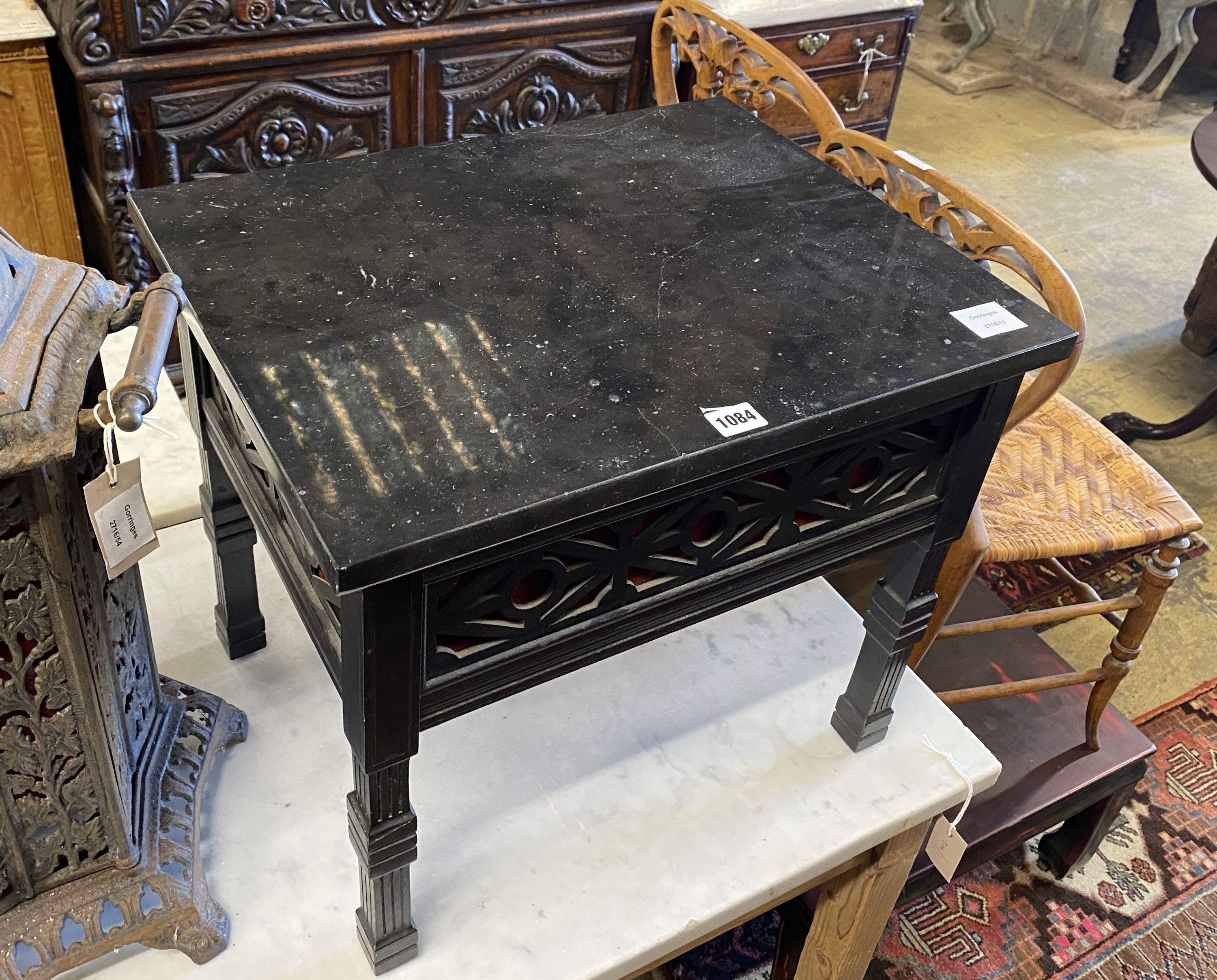 A late Victorian fret cut ebonised marble-topped occasional table, adapted, width 52cm, depth - Image 3 of 3