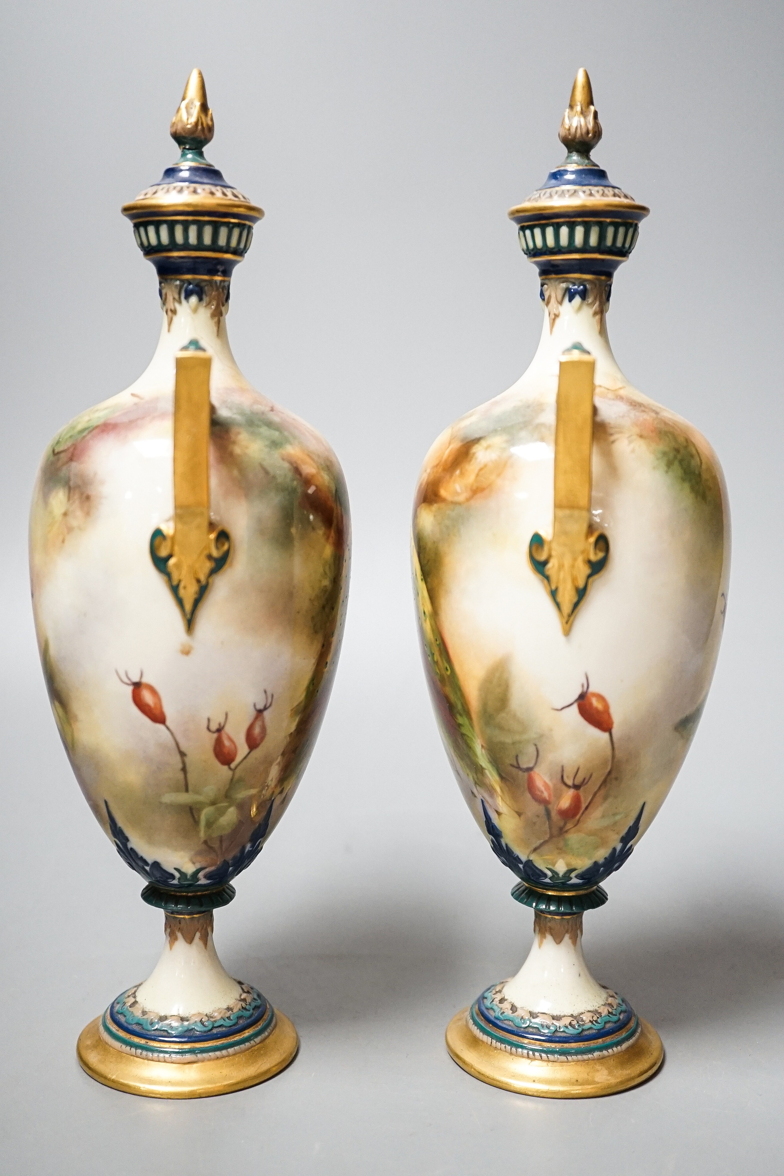 A pair of Royal Worcester Hadley ware Peacock vases and covers 24cm - Image 2 of 7