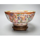 An 18th century Chinese export mandarin pattern porcelain bowl with hardwood stand 28.5cm diameter