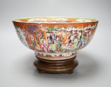 An 18th century Chinese export mandarin pattern porcelain bowl with hardwood stand 28.5cm diameter