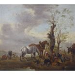 19th century Continental School, oil on canvas, Horses and travellers at rest, 32 x 35cm