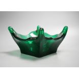 A large green studio glass bowl 27cm corner to corner