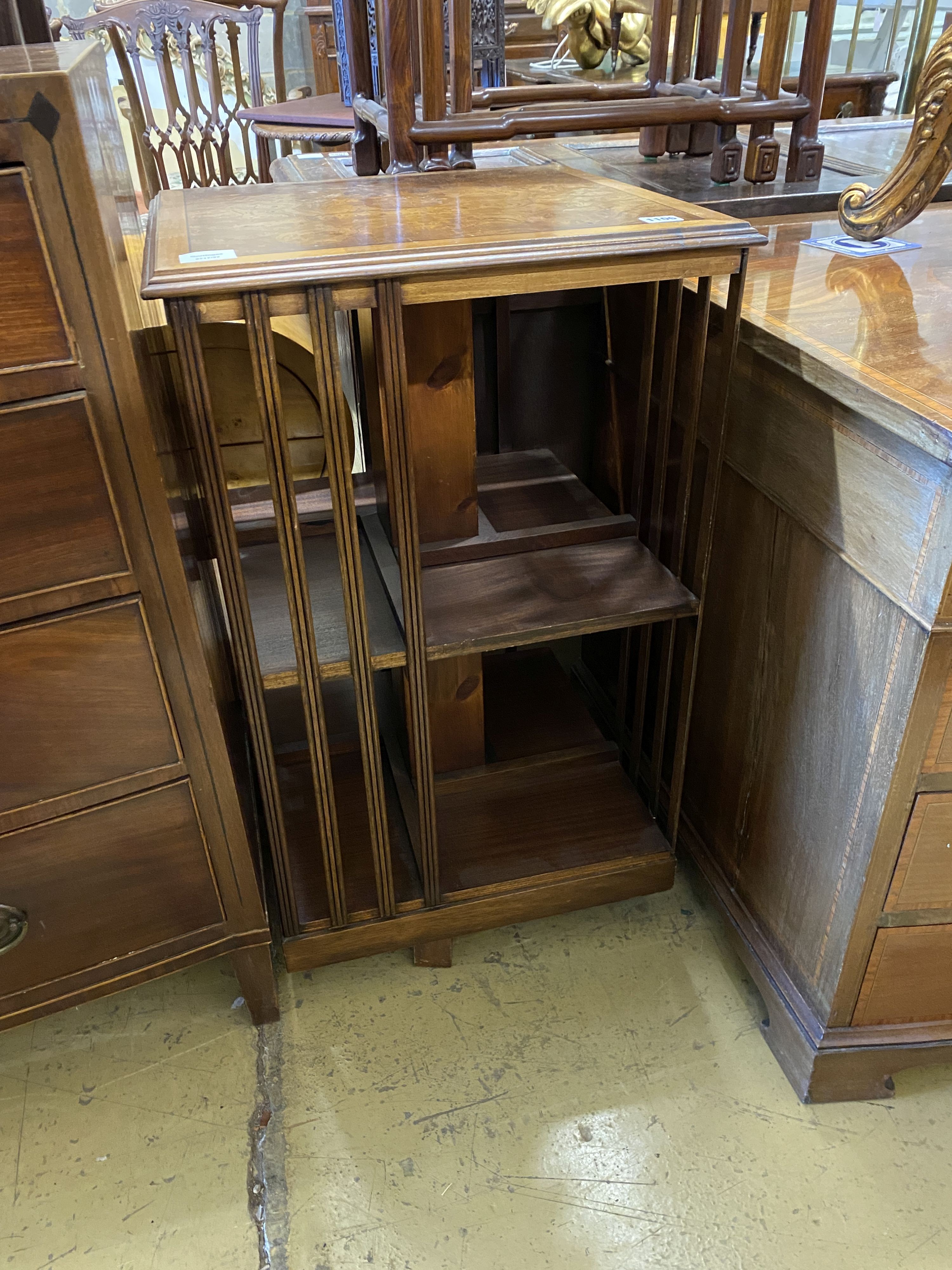 An Edwardian square cross banded elm revolving bookcase, width 48cm, height 83cm - Image 2 of 3