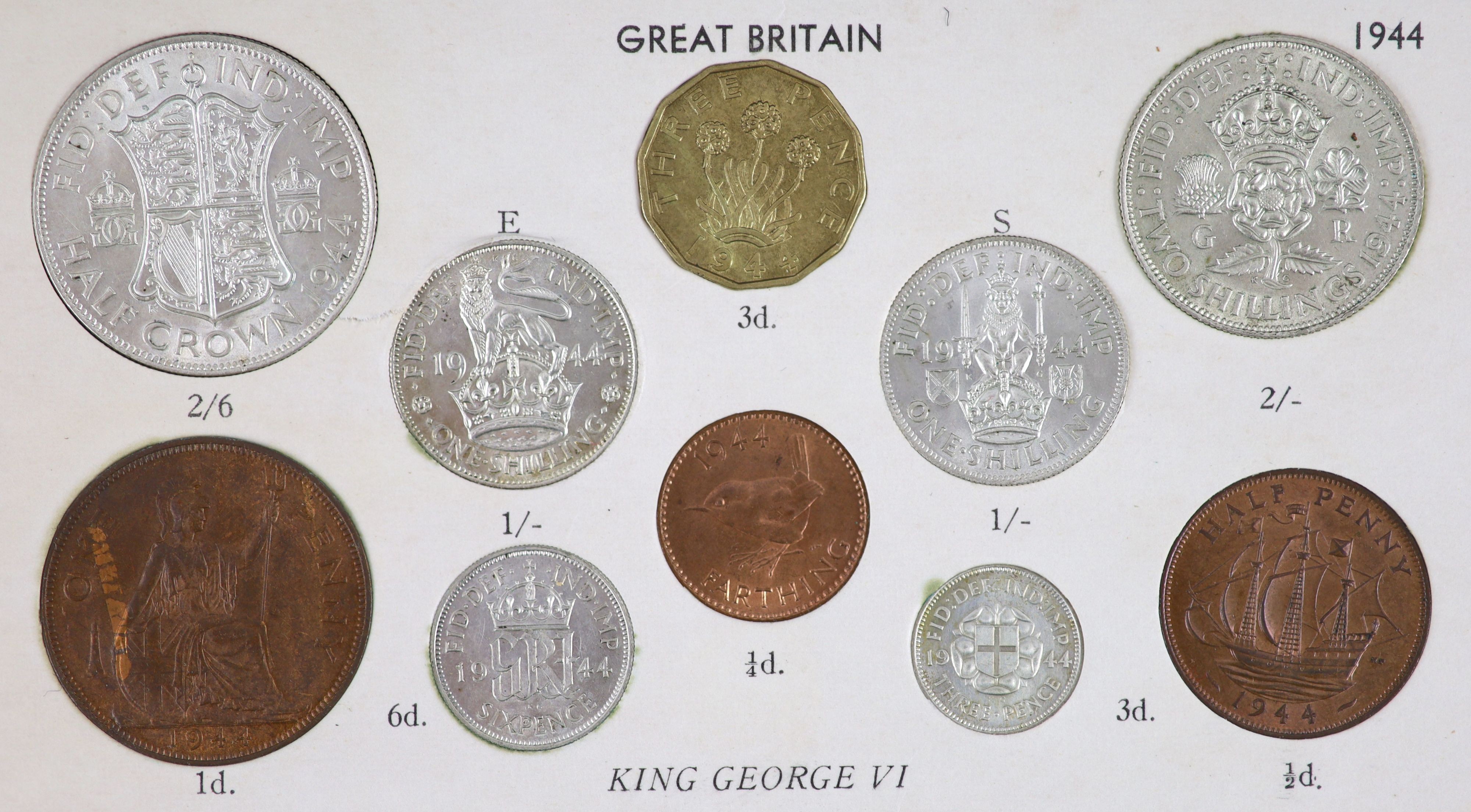 George VI specimen coin sets for 1944 and 1945, including the rare 1944 silver threepence, first - Image 2 of 8