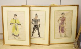 20th century English School, three watercolours, Costume designs for Jonathan, inscribed in