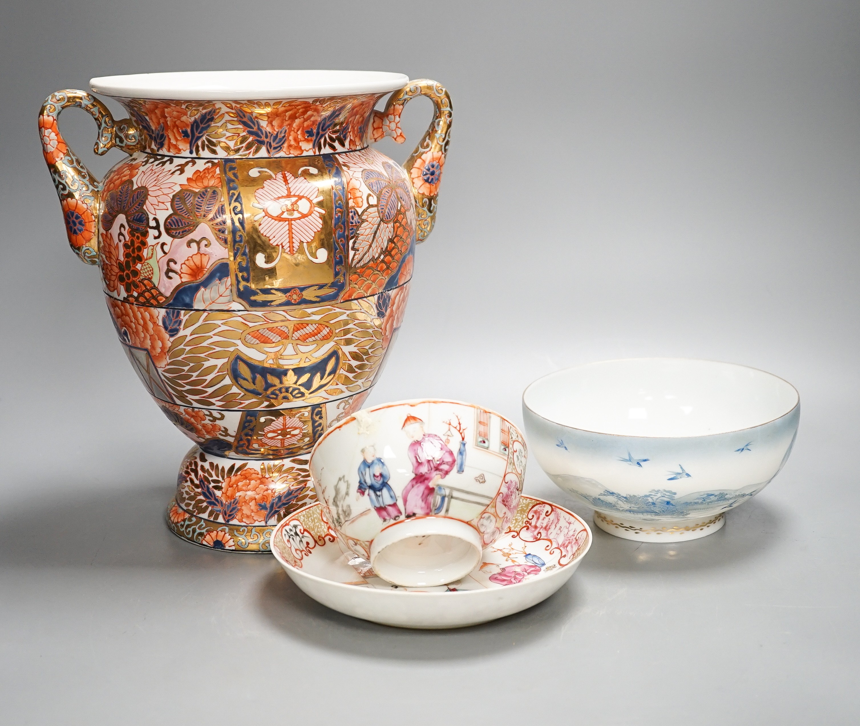 A twin handled Imari palette vase, a Japanese eggshell porcelain footed bowl, together with an